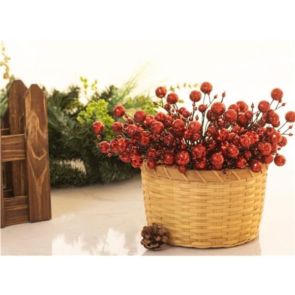 Red Christmas Berry Picks Decor Pack of 9 Artificial Glittered Berries Stems - Picture 3 of 7